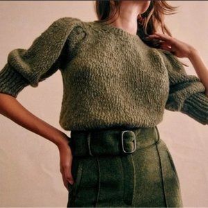 Sezane Womens Small Norah Sweater Jumper Olive Green Gold Metallic Puff Sleeve